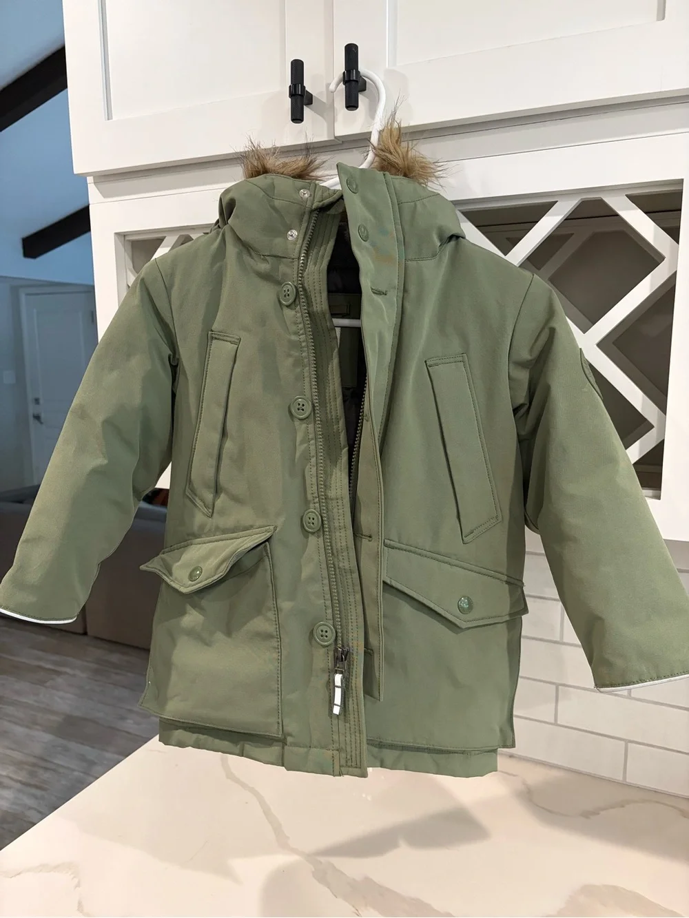 GAP Olive Green Kids Puffer Parka with Faux Fur Hood XS